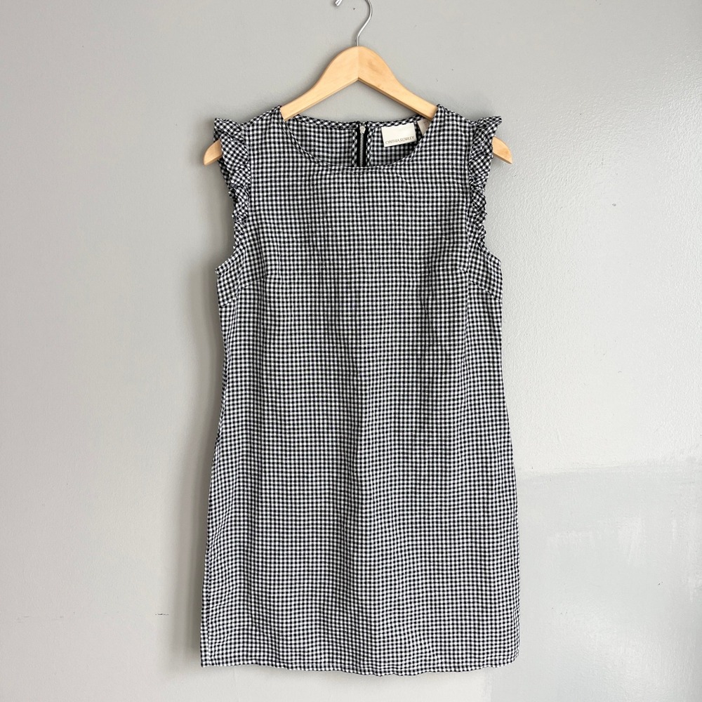 Cynthia Rowley Gingham Linen Blend Ruffle Sleeve Shift Dress Black White Size 4